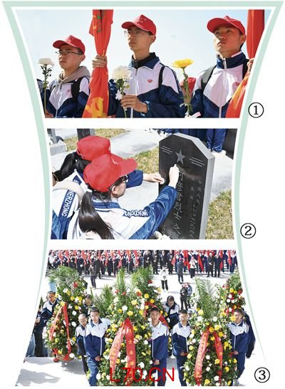 图①：学生手持菊花面向革命烈士纪念碑。图②：固原二中学生擦拭烈士墓碑。图③：在任山河烈士陵园，学生代表向革命烈士纪念碑敬献花篮。